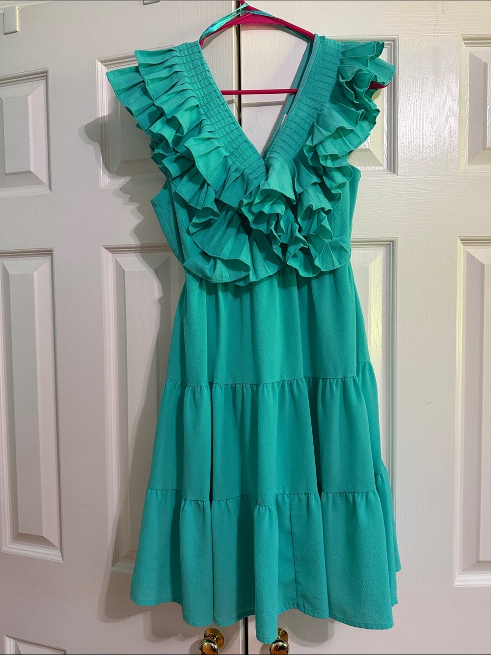 She + Sky Teal Ruffled V-Neck Tiered Dress